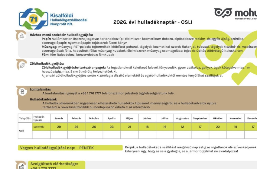 Megérkezett Osli község 2026. évi hulladéknaptára