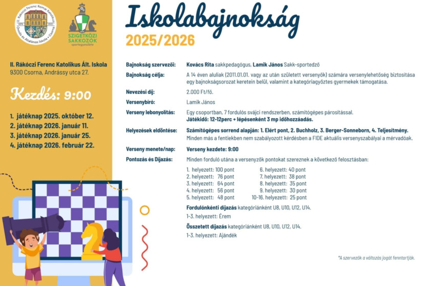 Csornán indul a 2025/2026-os tanév iskolai sakkbajnoksága – 4 fordulós verseny a fiatal tehetségekért