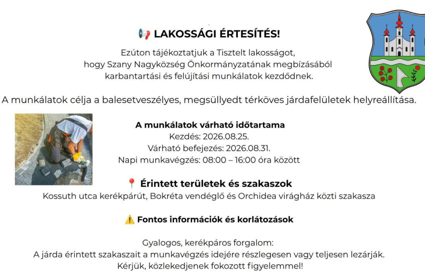 Járdafelújítás kezdődik Szanyban – forgalomkorlátozásra is számítani kell