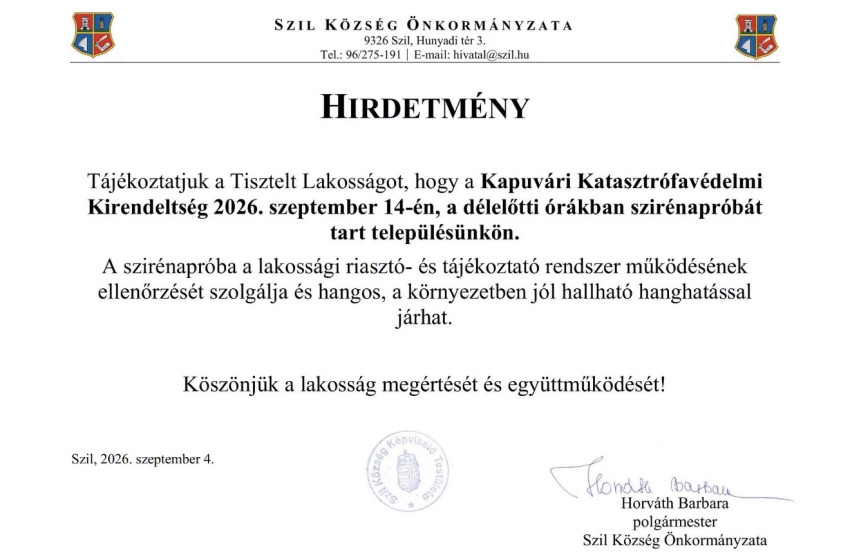 Szirénapróbát tartanak Szilban szeptember 14-én