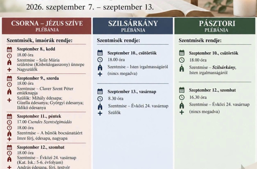 Templomi hirdetések: így alakul a szentmisék rendje Csornán, Szilsárkányban és Pásztoriban