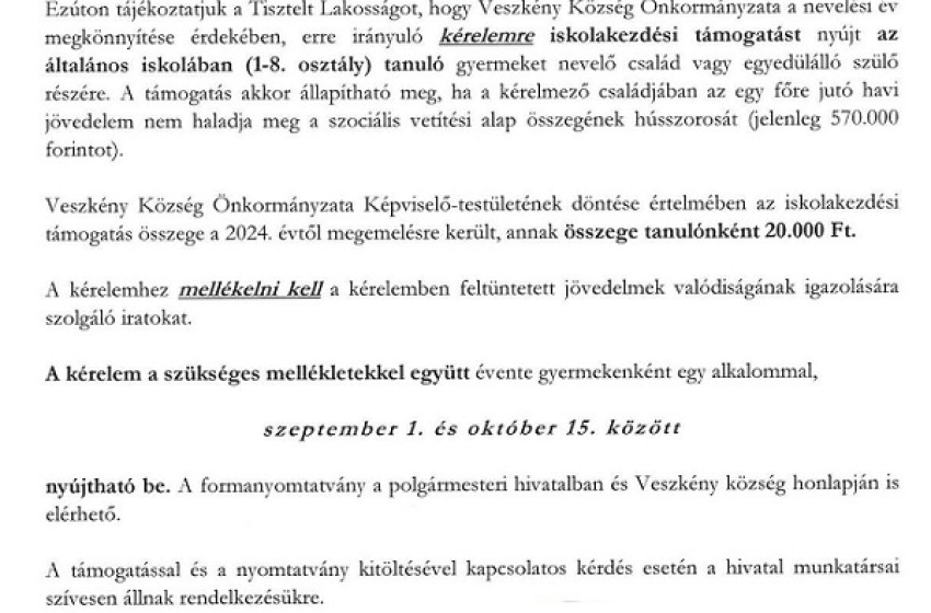 Iskolakezdési támogatást igényelhetnek a veszkényi családok