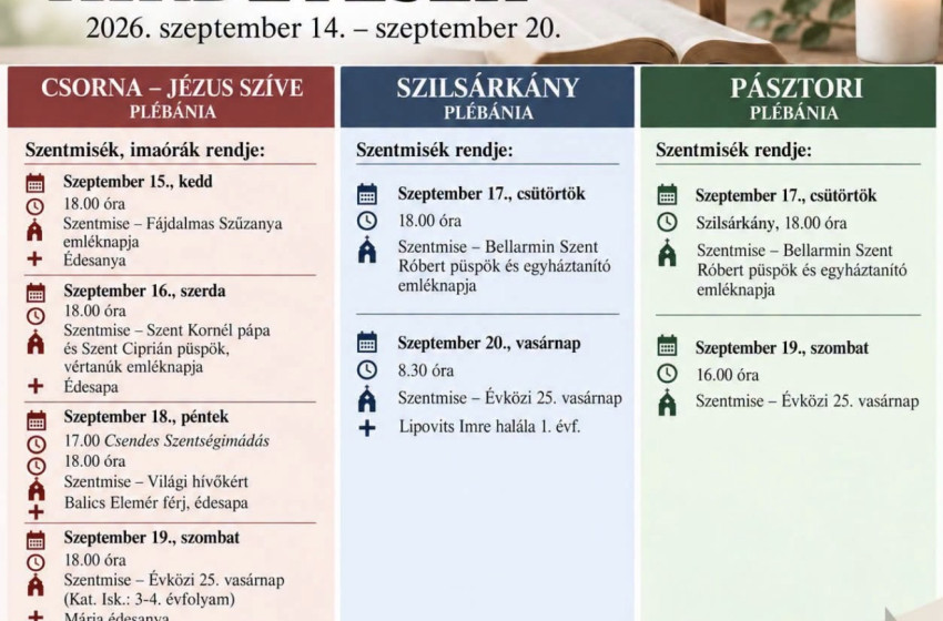 Templomi hirdetések Csornán, Szilsárkányban és Pásztoriban – mutatjuk a heti miserendet