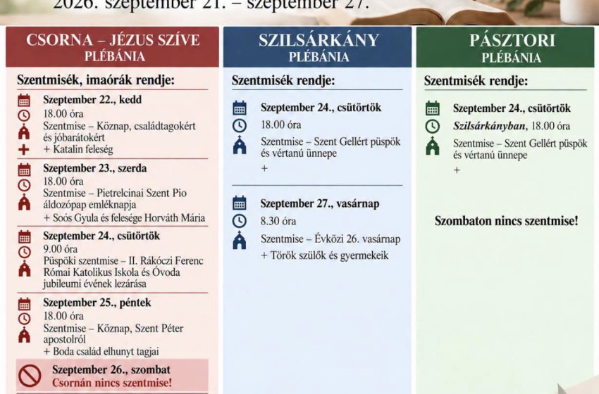 Így alakulnak a szentmisék ezen a héten Csornán, Szilsárkányban és Pásztoriban