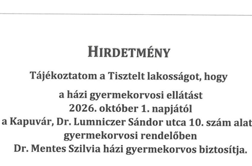 Változik a házi gyermekorvosi ellátás Kapuváron és több környező településen