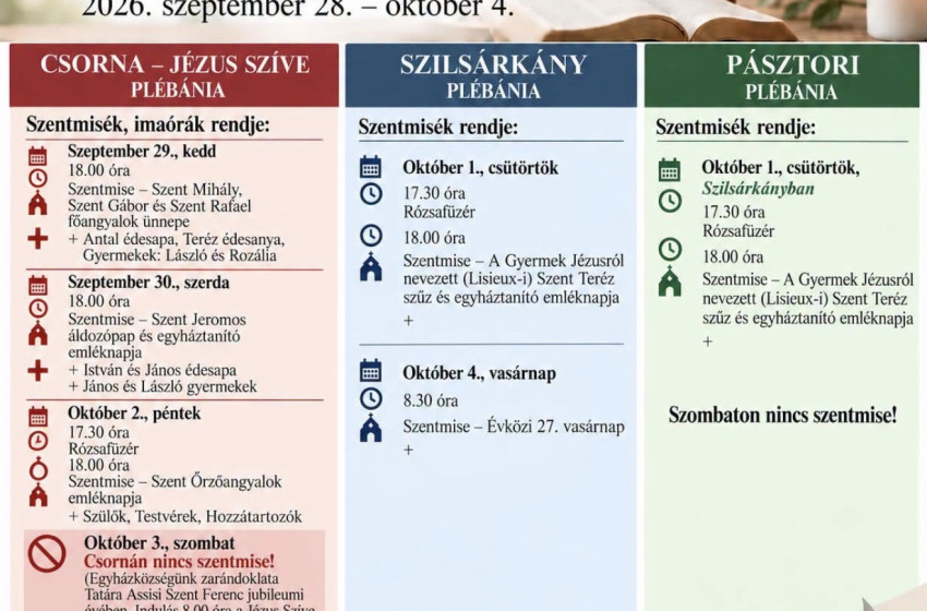 Templomi hirdetések Csornán, Szilsárkányban és Pásztoriban – mutatjuk a heti miserendet